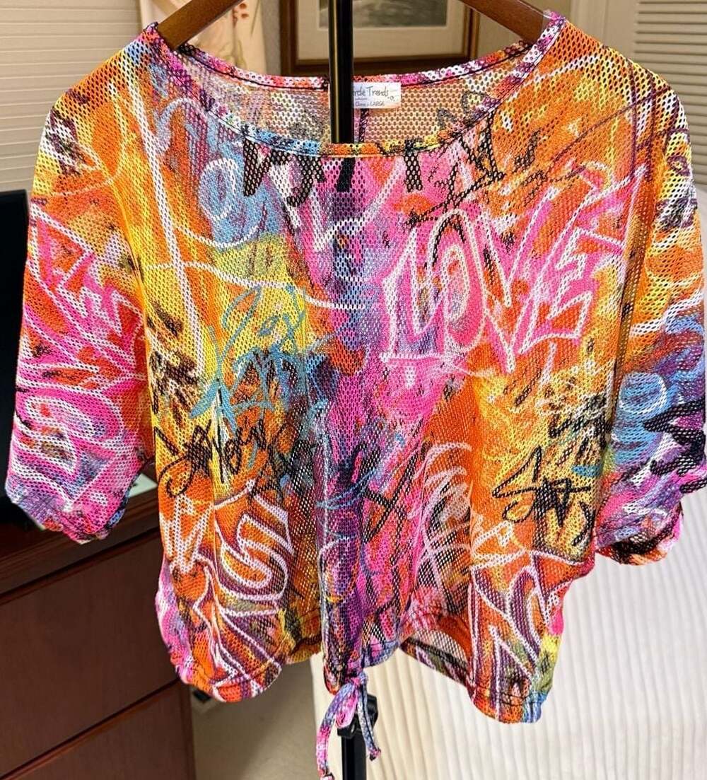 Full Circle Trends Graffiti Print Mesh Crop Top